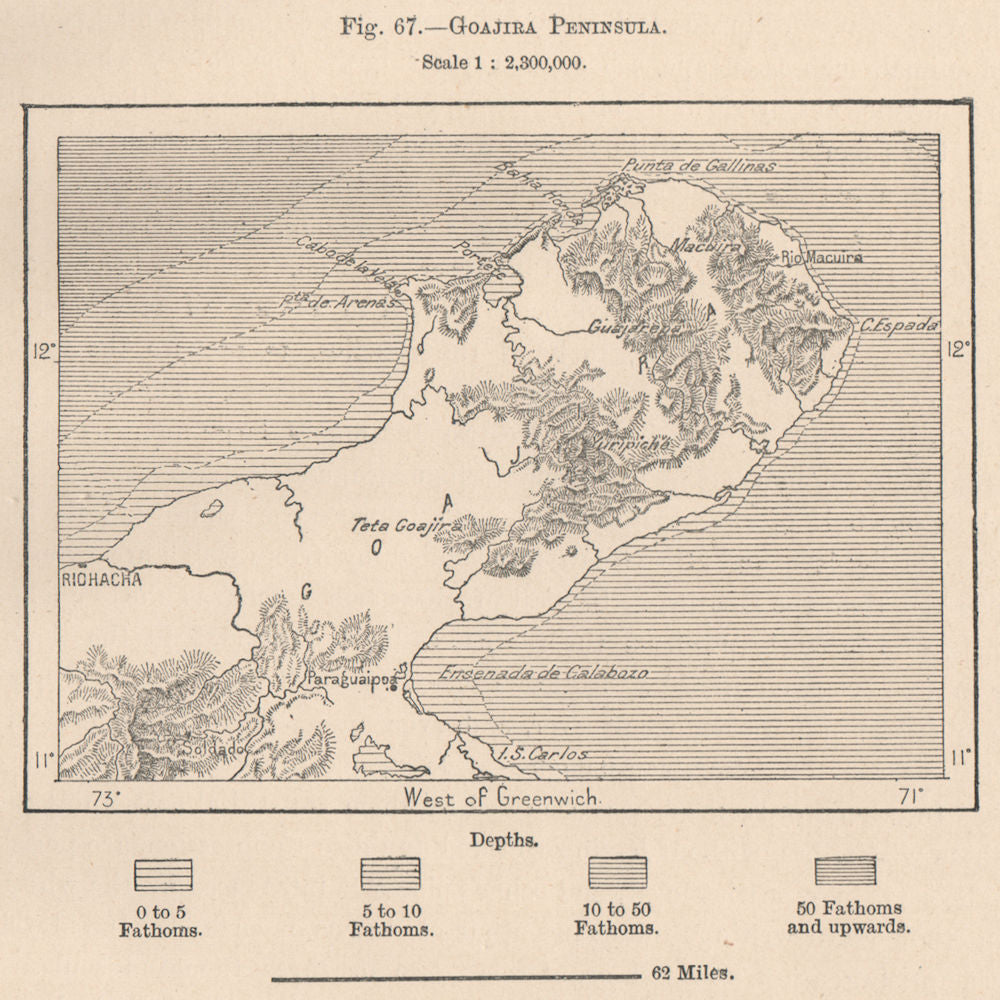 Goajira/Goajira Peninsula. Macuira. Riohacha. Colombia 1885 old antique map